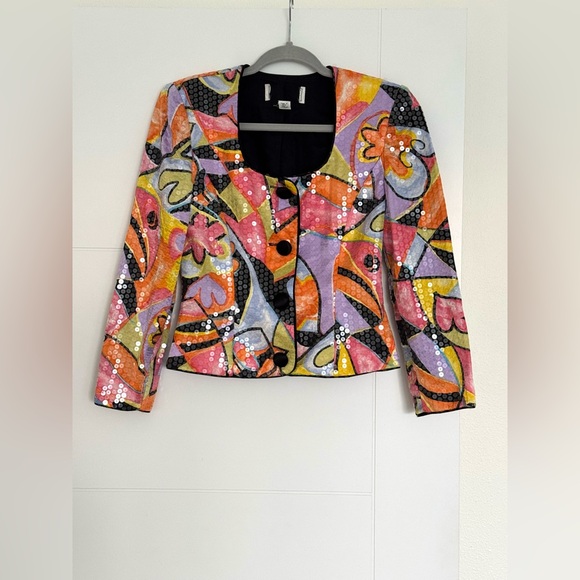 A.J. Bari Jackets & Blazers - A.J. Bari Vintage Multicolor Silk Sequin Button-Up Blouse Jacket Scoop-Neck Sz 2